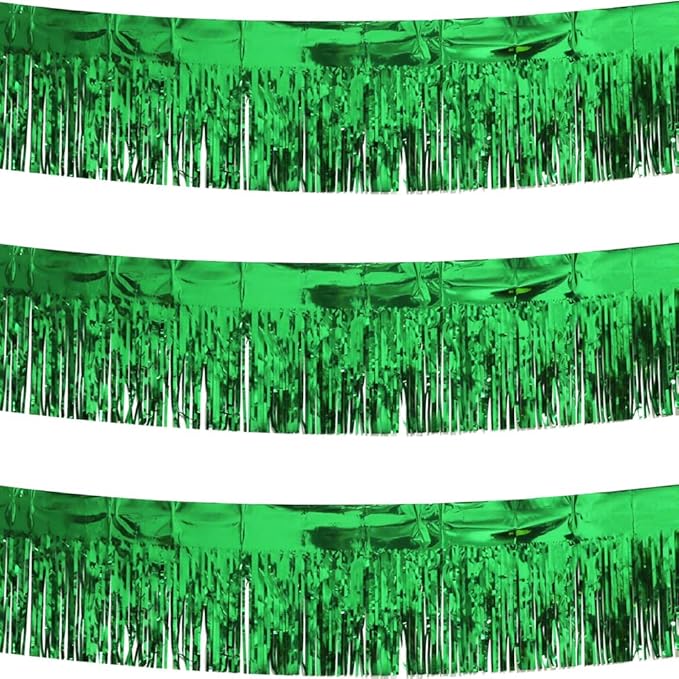 3 Pack Green Total 30 Feet Foil Fringe Garland Metallic Tinsel Banner Wall Hanging Drapes Parade Float Skirting Decorations for Trailer Mardi Gras Party Birthday Wedding Baby Shower (Green)