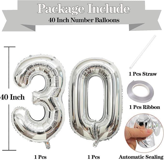 Giant Silver Number 30 Balloons, 40 Inch Jumbo Number 30, Large Foil Mylar Balloons for Girls Women 30th Birthday Party Decorations, 30 Anniversary Events Decorations