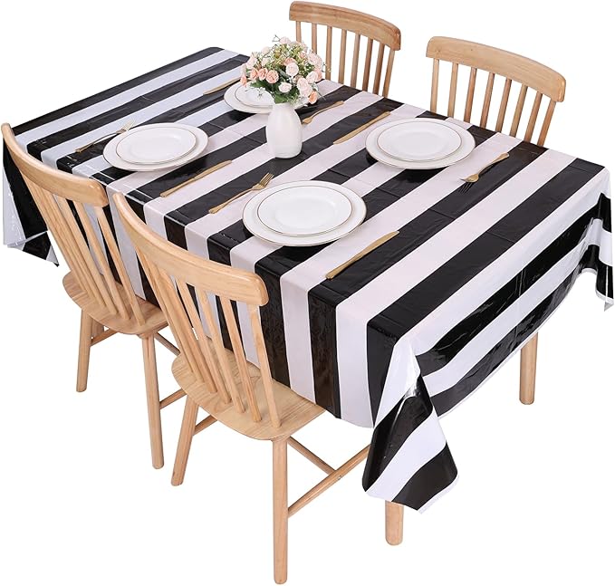 Kesfey 5 Packs Black and White Horizontal Striped Table Cloth 54 x 108 Inch Classic Black Stripe Tablecloths Disposable Plastic Stripe Table Covers Waterproof Picnic Tablecover for Camping Party