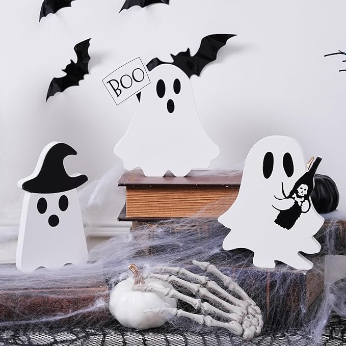 Halloween Decorations Indoor, Halloween Tiered Tray Decor Table Sign, Cute Ghost Decor Wooden Signs Ghost Blocks, Halloween Table Decorations Party Decorations for Mantle Home Shelf