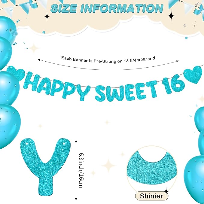 Fulmoon Pre Strung Happy Sweet 16 Banner Glitter Sixteenth Birthday Party Decorations 16th Party Sign Sweet 16 Party Decorations for Birthday Party Bachelorette Party(Sky Blue)