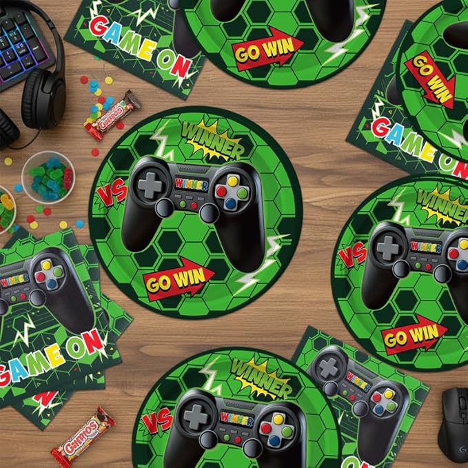 40Pcs Green Video Game Birthday Party Plates and Napkins for 20 Guests Tableware Video Game Supplies for Kids Boys Baby Shower Birthday Party Decorations