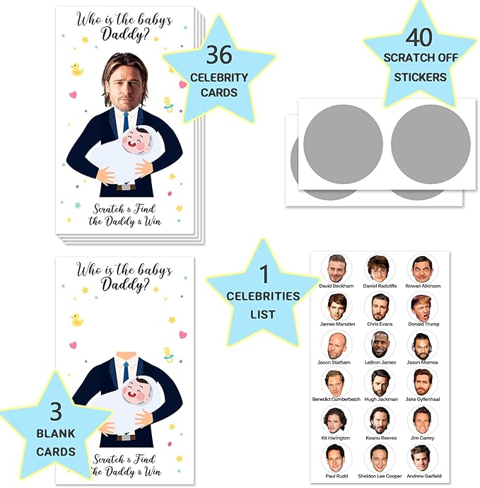 40 Cute Baby Shower Games - Scratch Off Lottery Ticket Raffle Cards - Decorations- who is The Baby's Daddy - 40 Cards