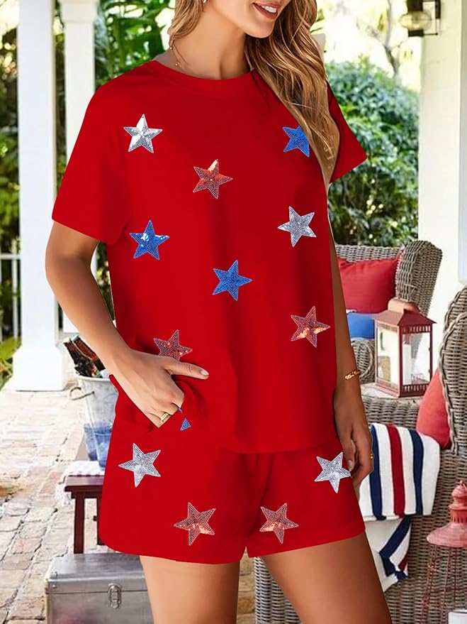 VILOVE 4th of July 2 Piece Sequin Outfits Women 250 Anniversary Usa Shirts and Short Sets Casual Patriotic Shirt Summer Set