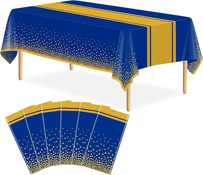 6 Pack Blue and Gold Tablecloth Party Decorations Plastic Blue Tablecloth Printed Gold Table Runner 54 x108 Inch Disposable Rectangle Table Cover for Birthday Wedding Graduation