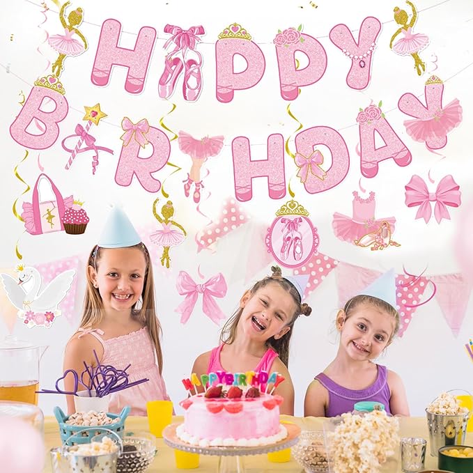 Zwiebeco Pink Gold Ballerina Happy Birthday Banner Bunting Hanging Paper Swirls Garland Party Decorations for Girls Women Princess-Style Ballet Dancing Themed Bday Decor Accessories Supplies