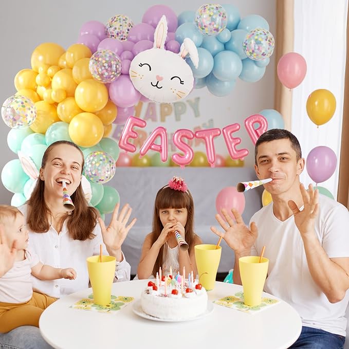 Easter Decorations Indoor Outdoor Balloon Arch Kit, Rainbow Easter Balloon Garland Kit,Happy Easter Color Balloons,Easter Bunny Balloons for Rainbow Easter Birthday Party Decorations