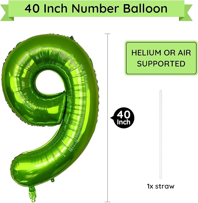 40 Inch Green Number Balloon 9, Large Number Foil Balloons Mylar for Girl Boy Birthday Party Celebration Decorations Supplies, Digital Balloons for Wedding Anniversary Events Decorations