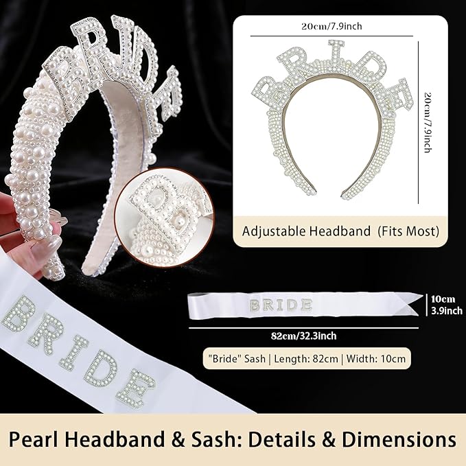 9 Pcs Bachelorette Accessories for Bride, Bachelorette Party Decorations, Bachelorette Party Veils for Bride, Includes Pearl Headband, Sash, Veil, Gloves, for Wedding, Bachelorette Party