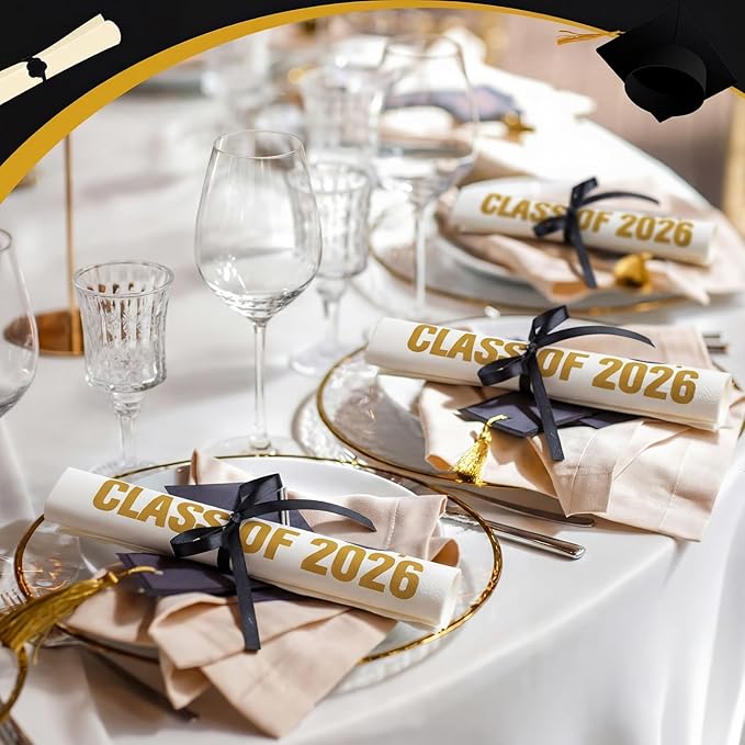 100 Set Graduation Class of 2026 Guest Gold Napkins Black Rolled Silverware Disposable Grad Award Dinner Napkin with Ribbon and Scissors for Celebration