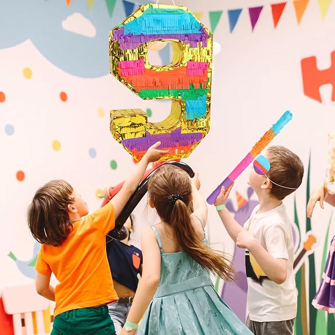 Rainbow Number 9 Pinata Birthday Decorations for Kids, Rainbow Pinata with Bat Stick Blindfold for Boys Girls 9th Birthday Celebrations Baby Shower Party Supplies (16.14x10.6x2.95 Inches)