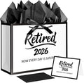JWSCYSY 12.6" Retired 2026 Gift Bag with Tissue Paper, White and Metallic Black Retirement Gift Bag with Greeting Card for Men Women Retirement Party Decorations Supplies.