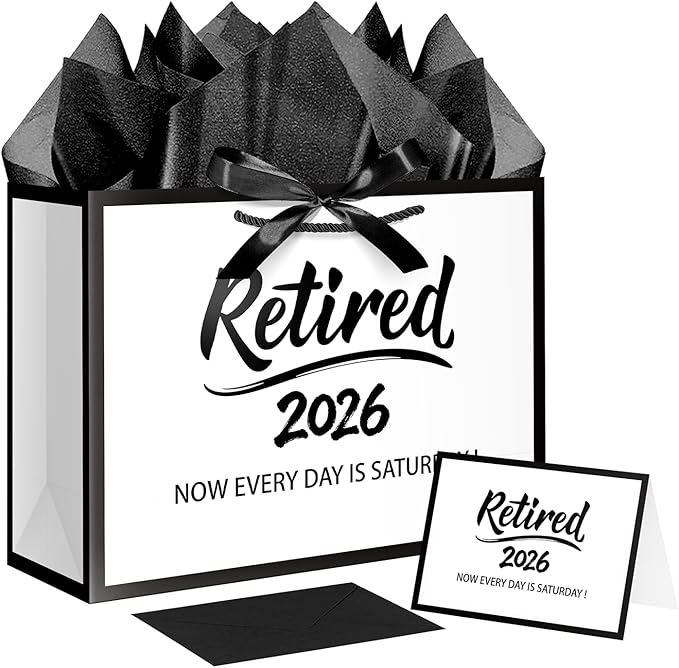 JWSCYSY 12.6" Retired 2026 Gift Bag with Tissue Paper, White and Metallic Black Retirement Gift Bag with Greeting Card for Men Women Retirement Party Decorations Supplies.