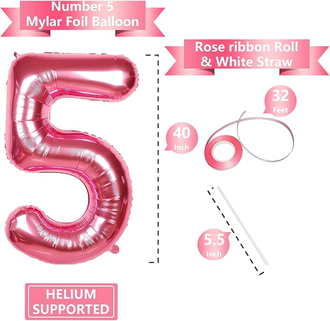 40 Inch Giant Hot Pink Number Balloon, Mylar Foil Helium Hot Pink Balloons for Birthday Party, Number 5 Balloon for Birthday Decorations, Hot Pink 5 Birthday Balloon