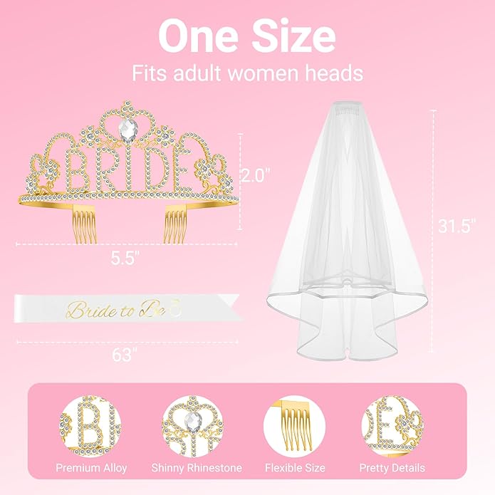 3Pcs Bride to Be Sash with Crown and Veil for Bachelorette Party Decorations，Bridal Shower Accessories for Gift, Favors
