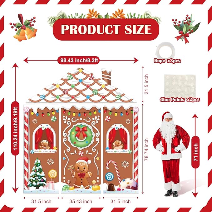 4pcs Gingerbread House Door Cover Decorations, Christmas Gingerbread Door Banner Backdrop for Christmas Holiday Party Decor, 110.24 * 98.43 in