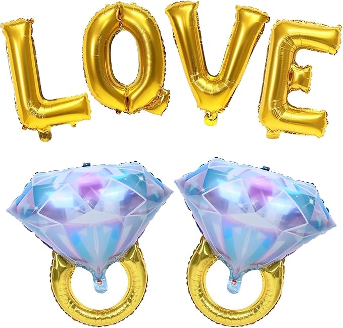 40inch Gold Love Balloons with 2pcs Diamond Ring Foil Balloons, Large Love Letters Engagement Ring Mylar Balloons for Valentines Day Wedding Bridal Shower Anniversary Proposal Marriage Decorations