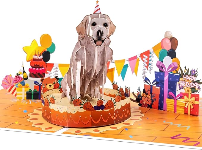 Labrador Dog Pop Up Happy Birthday Greeting Card, ideal love Gift for Adult and Kid with Blank Note & Envelope, Foldable Celebration for Daughter, Son, Mom, Dad, Friend, Children