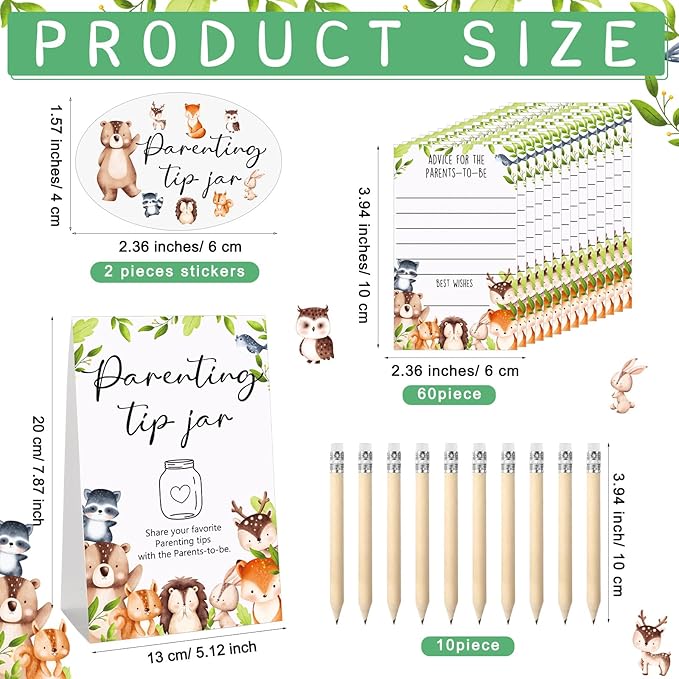 Roowest Baby Shower to Baby Advice Cards for New Parents to Be - Tip Jar Sign for New Parents 60 Parenting Advice Cards 10 HB Pencils 2 Cute Stickers 1 Pet Bottle for Guests Games(Woodland)