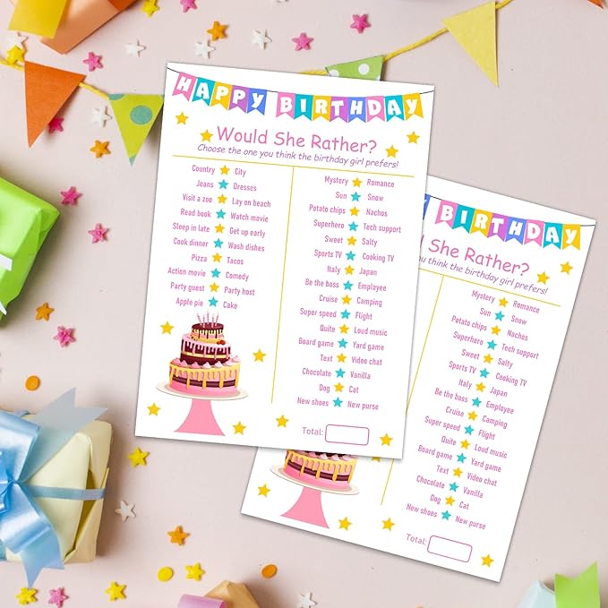 Birthday Girl Party Game - Would She Rather - 20 Game Card Set - Girl Birthday Party Activity Notebook