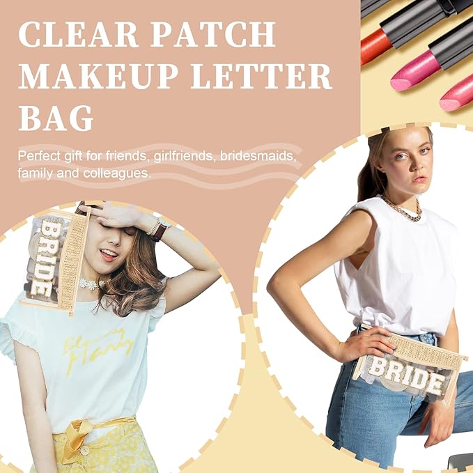 Bride Patch MRS Clear Makeup Letter Bag, Boho Patch Waterproof Zipper Make up Bags Toiletry Pouch for Women Girls, Clear Letter Patch Cosmetic Bags Transparent Organizer Pouch for Travel(Bride, Beige)