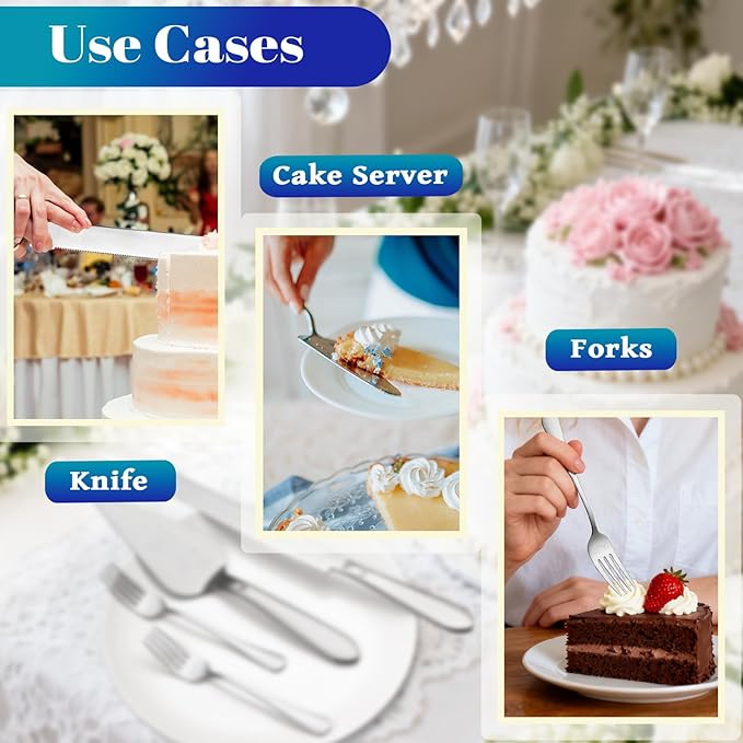 Cake Cutting Set for Wedding, Elegant Cake Knife and Server Set with Stainless Steel Forks, Cake Cutter and Pie Spatula for Couples Wedding Registry, Engagements, Anniversary, 4 Pcs, Silver