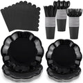 175 Pcs Black Plates and Napkins Set, 25 Guest Black Party Supplies Include Scalloped Plate Paper Napkin Cup Forks Knives Disposable Plastic Cutlery for Wedding New Year Birthday Holiday Party