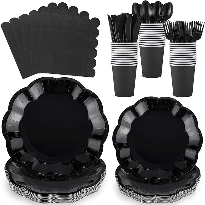 175 Pcs Black Plates and Napkins Set, 25 Guest Black Party Supplies Include Scalloped Plate Paper Napkin Cup Forks Knives Disposable Plastic Cutlery for Wedding New Year Birthday Holiday Party