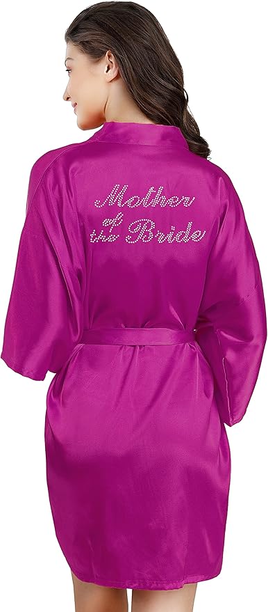 EPLAZA Women's One Size Silver Rhinestones Bride Bridesmaid Short Satin Robes for Wedding Party Getting Ready