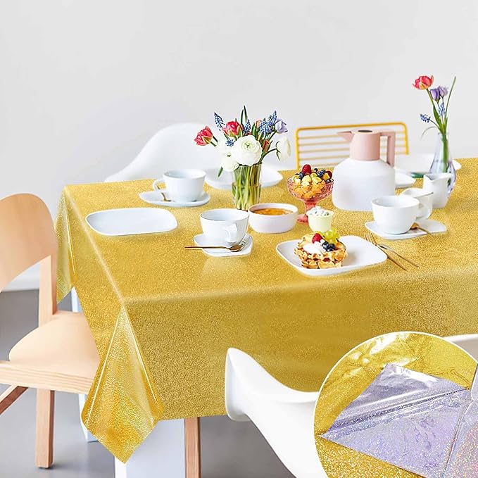 1 Pack Gold Iridescent Plastic Tablecloth Disposable 54 × 108 Inch Glitter Holographic Foil Table Cloth Plastic Laser Rectangle Table Cover for Birthday Wedding Disco Party