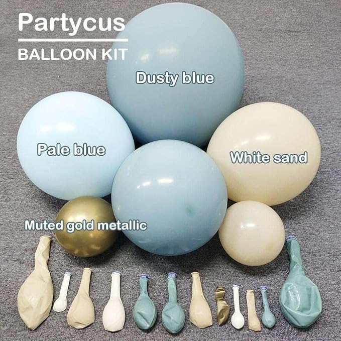 Dusty Blue White Sand Balloon Garland Double Stuffed Pastel Light Blue Cream Beige Matte Balloon Arch Kit with Gold Latex for Neutral Baby Shower Bridal Wedding Birthday Easter Party