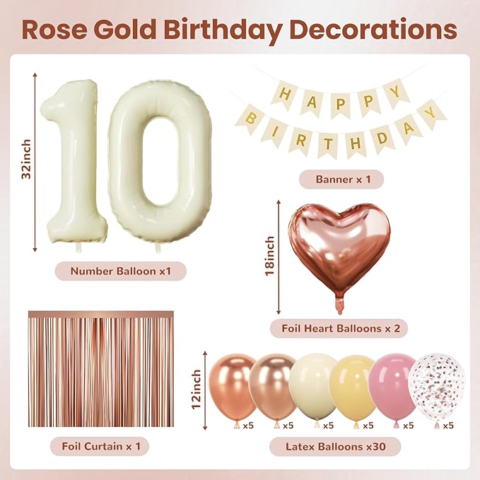 10th Birthday Decorations for Girl, Retro Sand White and Cream Balloon Garland Kit, Cream Number 10 Balloon, Pink Double Digits Banner, 10 Year Old Party Supplies