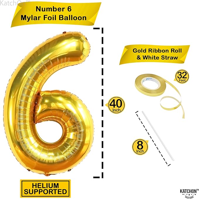 KatchOn, Giant Gold Number 6 Balloon - 40 Inch | 6th Birthday Balloon for 6th Birthday Decorations | 6 Balloons for Birthday | 6 Year Old balloon for 6 Year Decorations