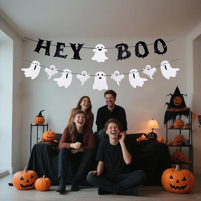 Ghost Banner Hey Boo Halloween Decorations, Pre-Strung Glitter Halloween Banner Indoor, Happy Ghost Boo Decorations for Mantle Wall Mantel Fireplace Office Home Props Supplies