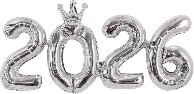 TONIFUL 2026 Silver Crown Foil Number Balloons 16 Inch Silver Number Banner 2026 Graduation Aluminum Foil Mylar Balloons for New Year Eve Christmas Anniversary Party Supplies