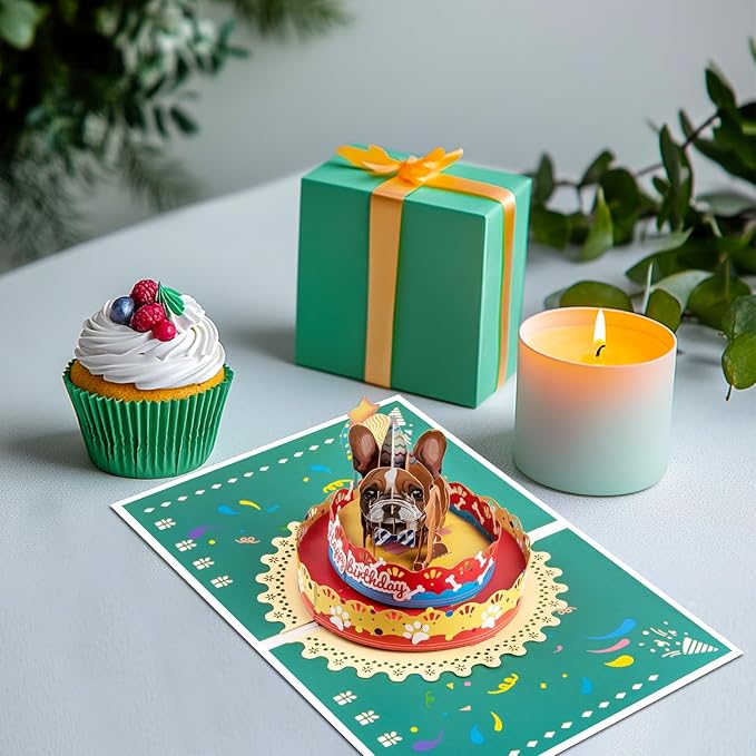 French Bulldog Pop Up Happy Birthday Greeting Card, ideal love Gift for Adult and Kid with Blank Note & Envelope, Foldable Celebration for Daughter, Son, Mom, Dad, Friend, Children
