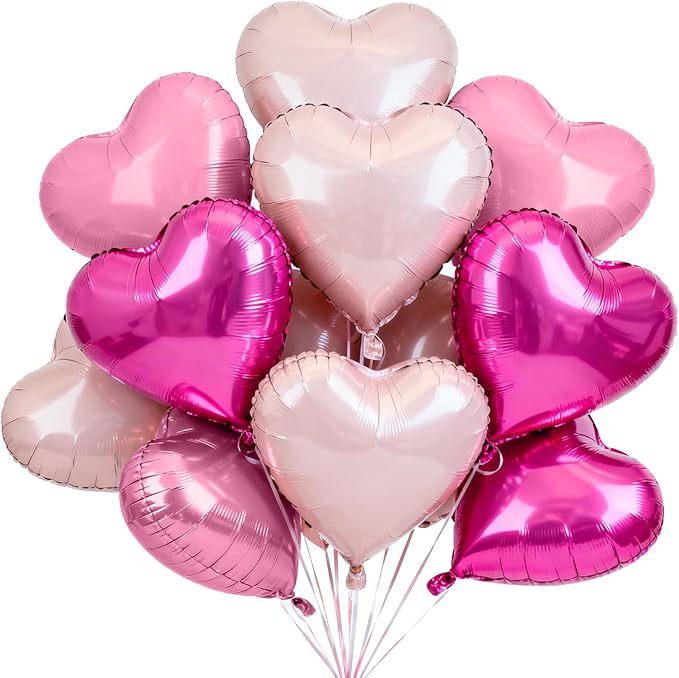 TONIFUL 30Pcs 18 Inch Rose Hot Pink Light Pink Balloons Heart Shape Foil Mylar Banners Decoration for Birthday Valentine's Day Wedding Bridal Shower Anniversary Engagement Party Supplies
