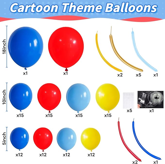 127 PCS Red Blue Yellow Balloon Garland Arch Kit Cartoon Primary Color Balloons with Gold Circle for Cartoon Theme Carnival Circus Baby Shower Birthday Party Decorations