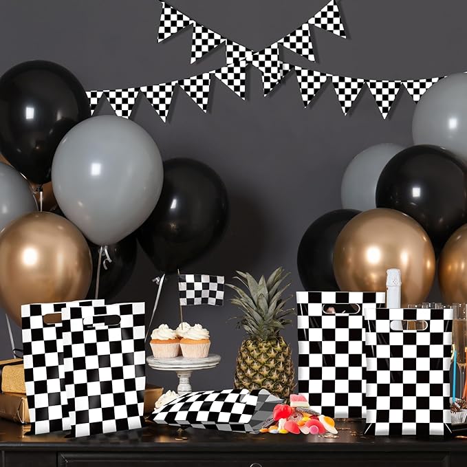 30 Pcs Black and White Checkered Race Car Party Favor Bags, Plastic Black and White Car Goodie Treat Bags, Racecar Buffalo Plaid Candy Gift Bags for Kids Fast Race Car Birthday Party Decorations