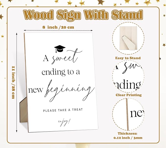 A Sweet Ending To A New Beginning Sign for Graduation, 8×11" Graduation Cap Wood Dessert Table Sign With Stand, 2025 Graduation Party Decorations Centerpieces for Tables, Congrats Grad Party Supplies