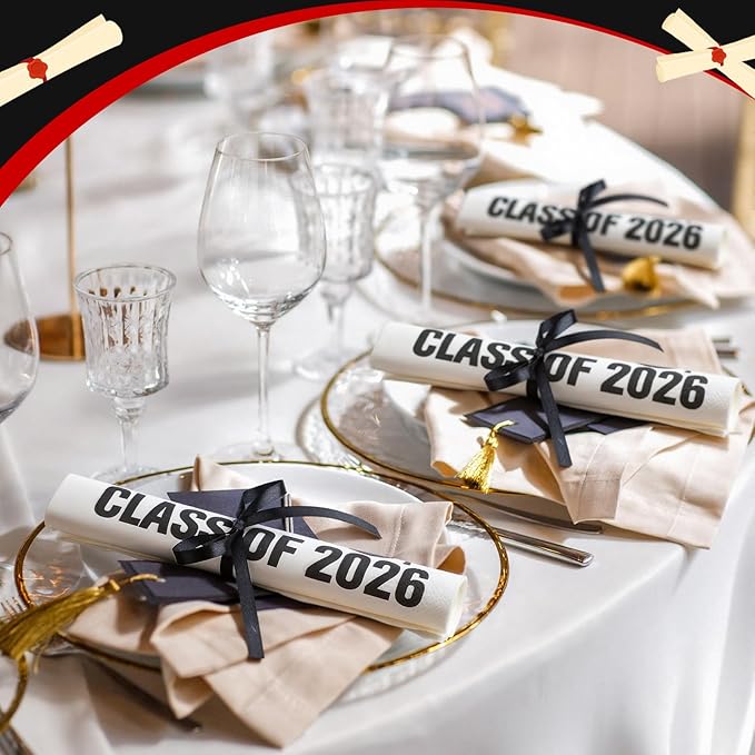 100 Set Graduation Class of 2026 Guest Napkins Black Rolled Silverware Disposable Grad Award Dinner Napkin with Ribbon and Scissors for Celebration
