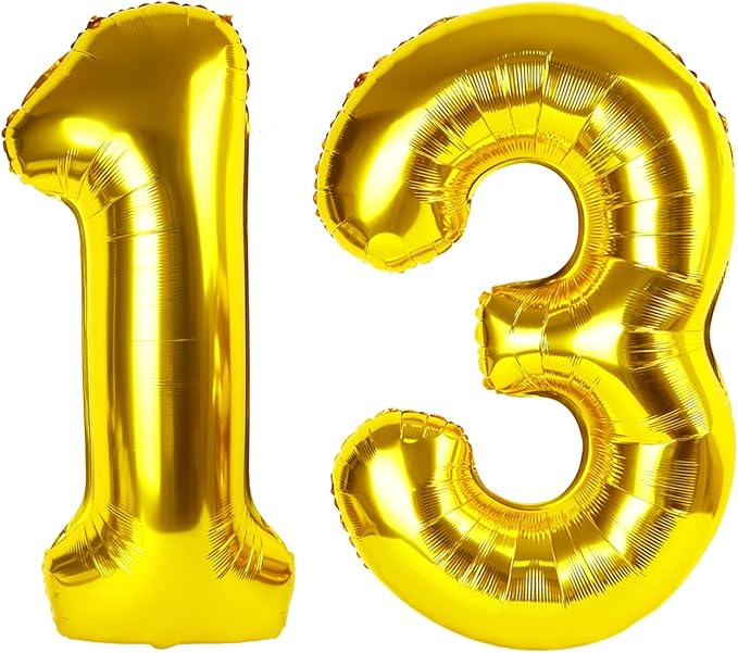13 Gold Number Balloons, 40 Inch Balloons for Woman Man 13th Birthday Party Decoration, Foil Number Ballon for 13, 31 Anniversary, Bridal Shower, Graduation, Valentine's Day, Mother's Day, Easter
