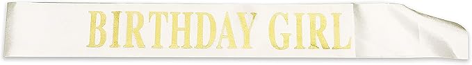 Birthday Sash for Girls White Satin Birthday Girl Sash with Gold Glitter Lettering Party Favors, Supplies and Decorations