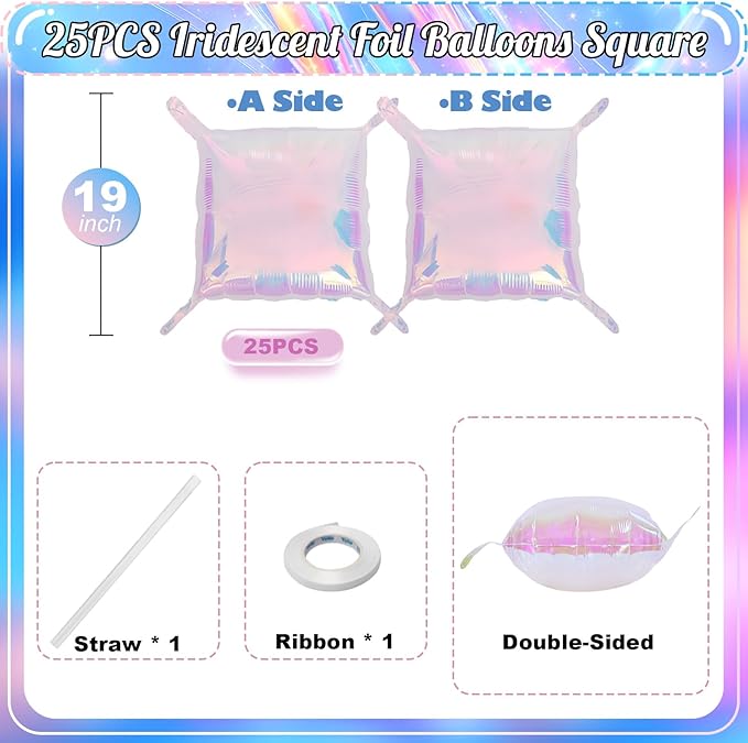 Iridescent Balloons Wall Square, 25Pcs Transparent Laser Foil Balloon Backdrop, Double Sided Gradient Crystal Colorful Balloon Tunnel Arch Background for Birthday Wedding Baby Shower Easter Rainbow