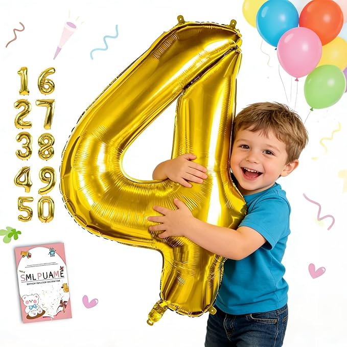 Smlpuame 40 inch Number Balloon 0-9 Gold Large Number 4 Balloons,Digital Balloons for Birthday Party Celebration Decorations Supplies, Helium Foil Number Balloons for Wedding Anniversary