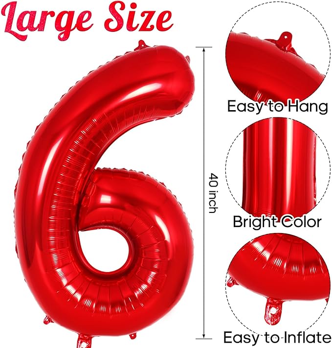 Red Number 6 Balloon 40 Inch, Big Large Foil Helium Number Balloons, Jumbo Giant Mylar Number 6 Balloons for 6 Year Old Birthday Red Party Decorations Supplies Anniversary