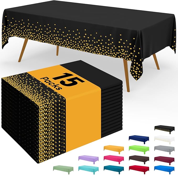 Smiry Disposable Table Cloth - 15 Pack, 54 x 108 Inch Waterproof Rectangle Tablecloths for Parties, Decorative Plastic Table Cover, Leakproof & Sturdy, Black & Gold