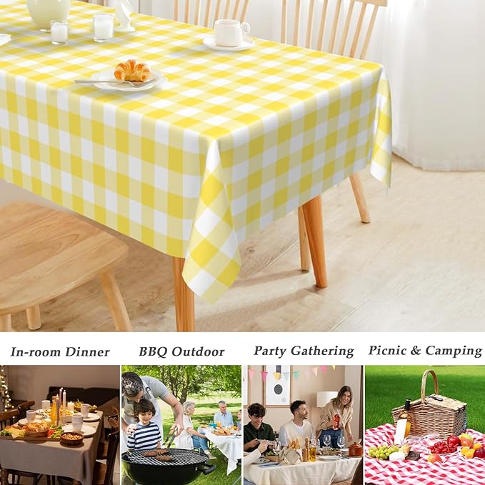 Mulbozy 2 Pcs Yellow and White Checkered Tablecloth, 54 × 108 inches Disposable Yellow Plaid Table Covers Plastic Gingham Tablecloth for Outdoor Picnic Birthday Baby Shower Holdiay Party Decoration