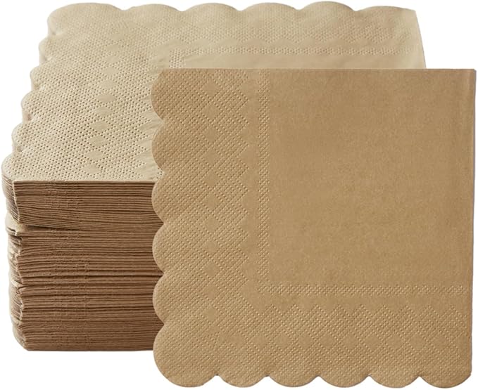 100 Pack Cocktail Napkin 2-Ply Scalloped Edged Dessert Napkins Folded 5 x 5 Inches Disposable Napkins for Dinner Wedding Birthday Party Bridal Anniversary Reception Event (Brown)