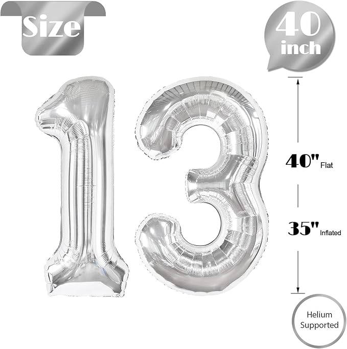 13 Balloon Number, Silver Number 13th 31th Birthday Balloons 40 Inch, 13 or 31 Years Old Silver Birthday Decorations for Boys Girls, 13th Anniversary Decorations